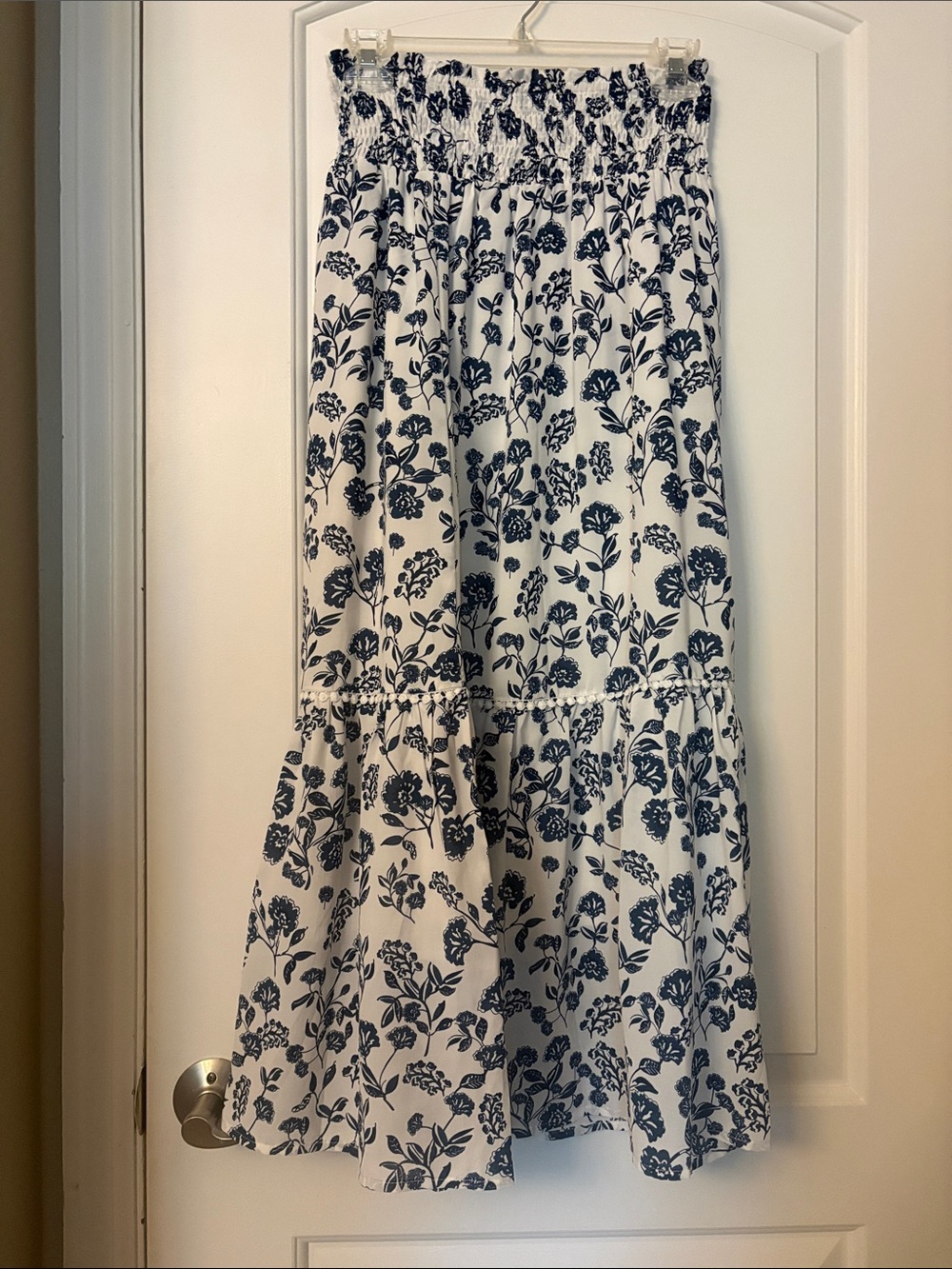 Navy Floral Tiered Maxi Skirt — White and Navy